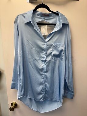Relaxed‎ Satin Button-Down Shirt in Light Blue